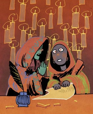 Gossip card art from Oath the board game. A hooded figure whispers into the ear of another. Art by Kyle Ferrin