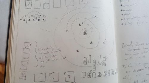 Part of Cole's designer sketchbook early design for Oath the Board Game