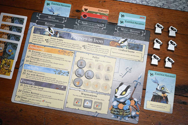 Close up on the Keepers in Iron player board and components