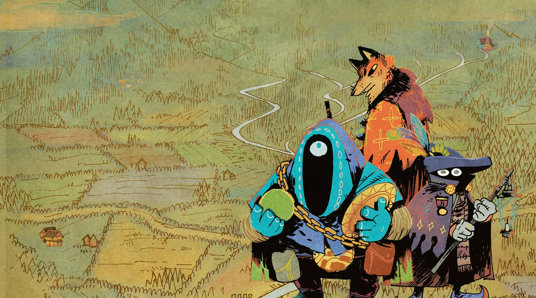 Three player characters from Oath on a lush green background