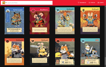 Screen shot of the Leder Card Database featuring Root cards