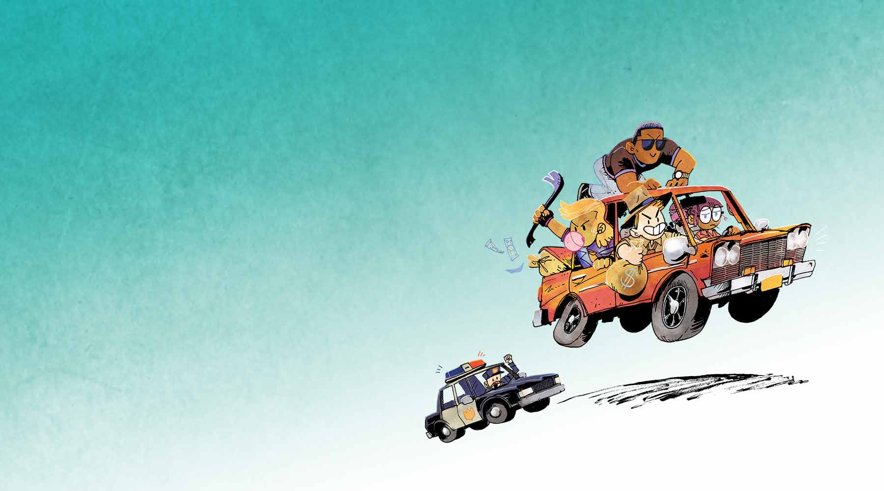 A carload of nogoodkins chased by a squad car.