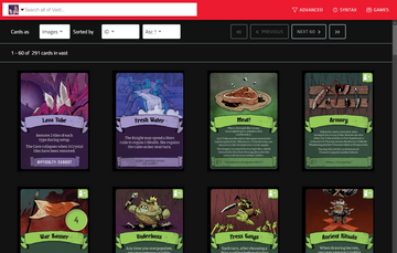 Screen shot of the Leder Card Database featuring Vast cards