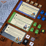 Root hireling meeples and cards next to game board