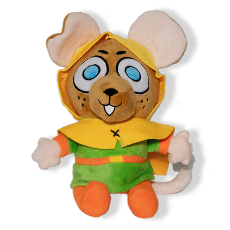 This bold, golden-furred mouse has wide blue eyes and a tooth great for nibbling. They are wearing a yellow hooded capelet over a bright green tunic with orange belt, coordinating with his sleeves and leggings. 