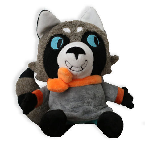 The Vagabond Plush (Roger to his friends) is a big-tooth-grinned racoon. His blue eyes are looking off the left, mischievously. He is wearing black boots, teal blue pants, and a grey tunic. Around his neck, an orange kerchief! 