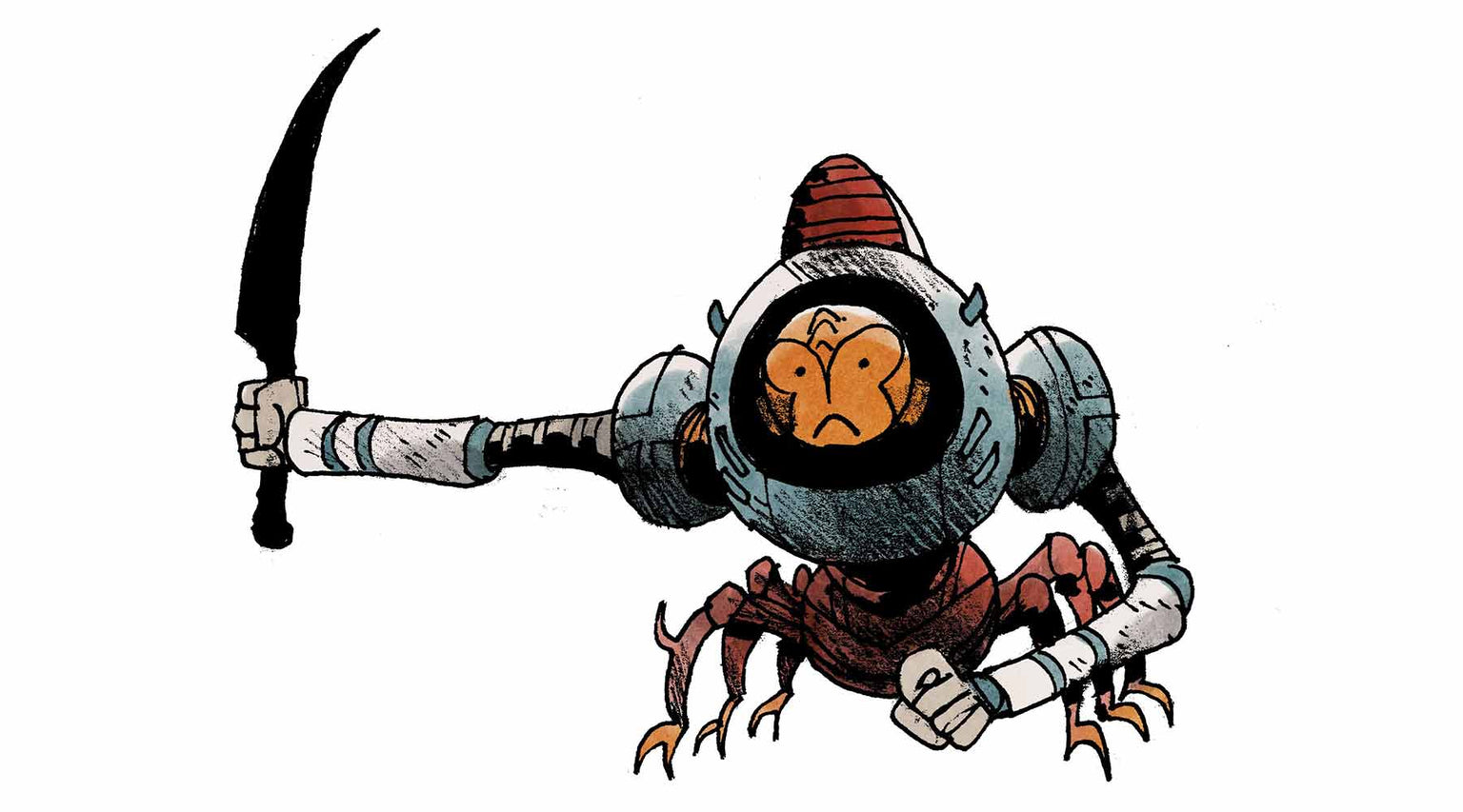 An armored alien on six bug-like legs holds a curved blade aloft, threateningly