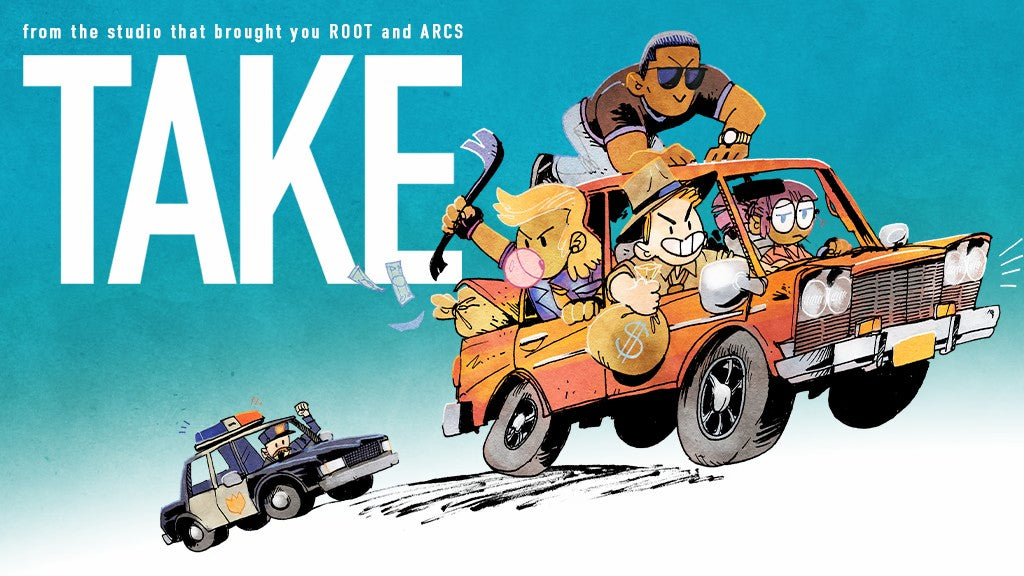 A car of ne'er do wells fleeing from a squad car. Text reads: from the studio that brought you Root and Arcs: Take.