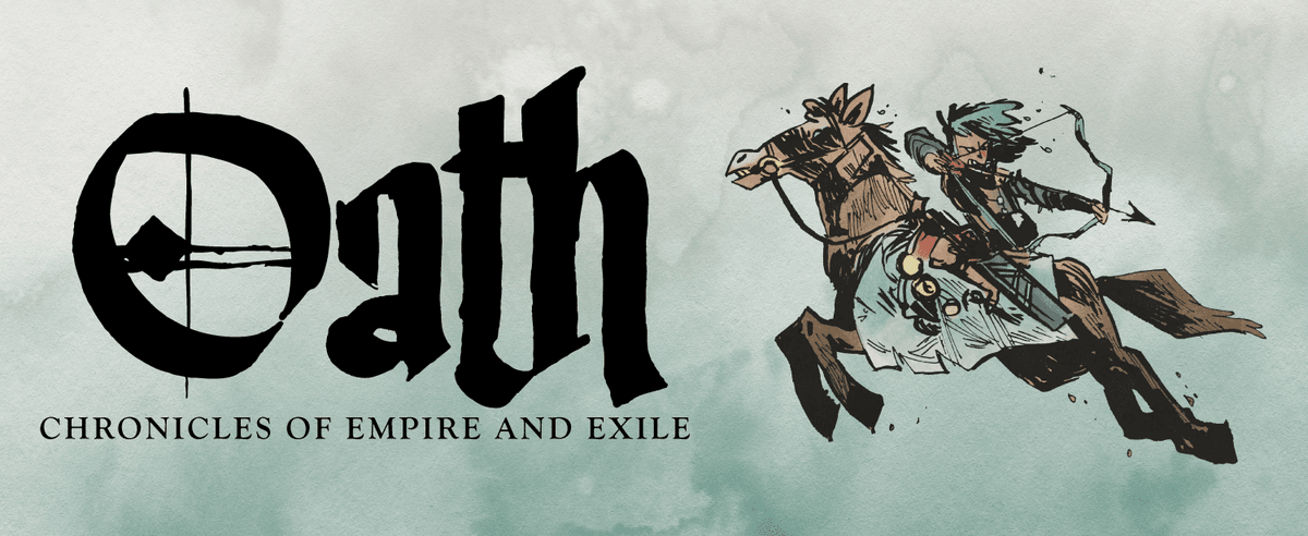 Oath: Chronicles of Empire and Exile logo on a soft, watercolor background in blues and greens; mounted archer leaping, poised to loose their arrow; art by Kyle Ferrin