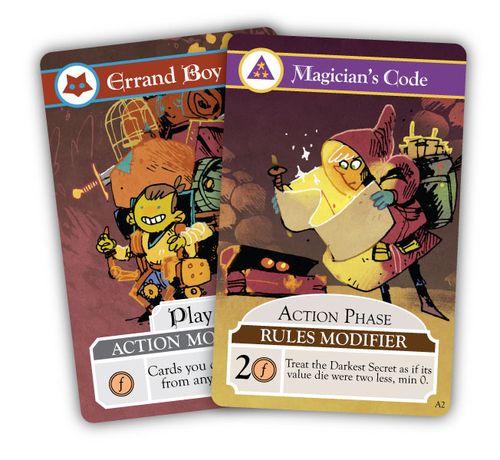Cards from Oat: Chronicles of Empire and Exile by Cole Wehrle: Errand Boy and Magician's Code; art by Kyle Ferrin