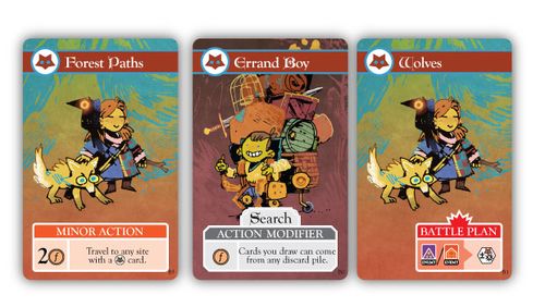 Cards from Oath: Chronicles of Empire and Exile by Cole Wehrle: Forest Paths, Errand Boy and Wolves; art by Kyle Ferrin