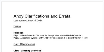 Screen shot of the Ahoy Errata and FAQ document