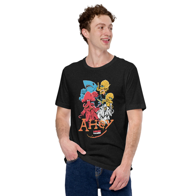 Model wearing Dark Grey Heather tee with Ahoy character print