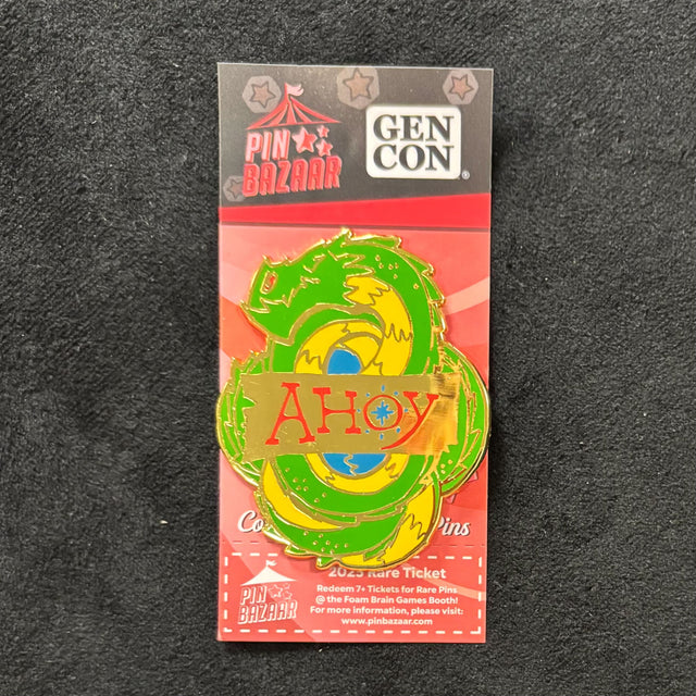 The Ahoy Leviathan pin on the Gen Con Pin Bazaar cbacking card.