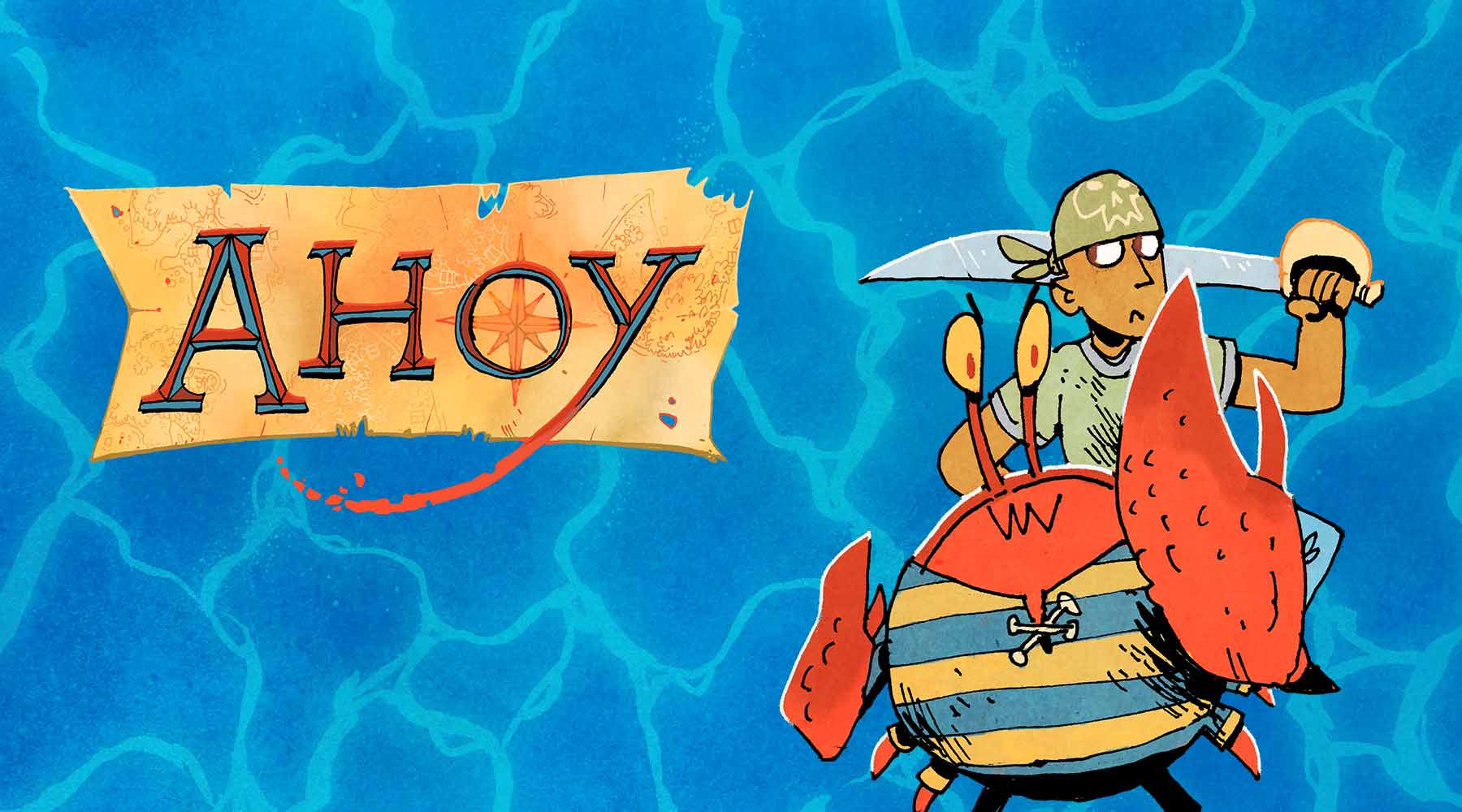 The ahoy logo floats on a water background. Two friends, a sailor crab and a human carrying a sword.