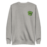 LIght grey crewneck sweatshirt with the Woodland Alliance meeple embroidered on the left chest. 