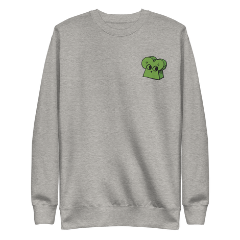 LIght grey crewneck sweatshirt with the Woodland Alliance meeple embroidered on the left chest. 