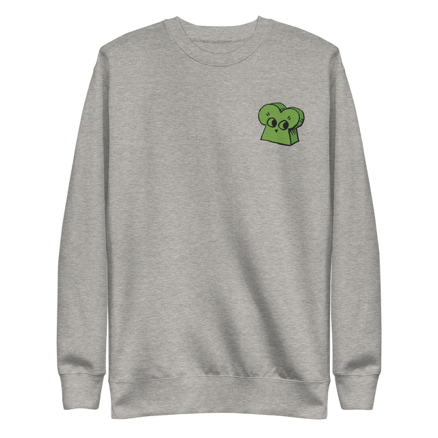 LIght grey crewneck sweatshirt with the Woodland Alliance meeple embroidered on the left chest. 
