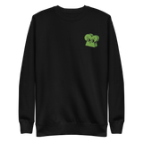 Black crewneck sweatshirt with the Woodland Alliance meeple embroidered on the left chest. 