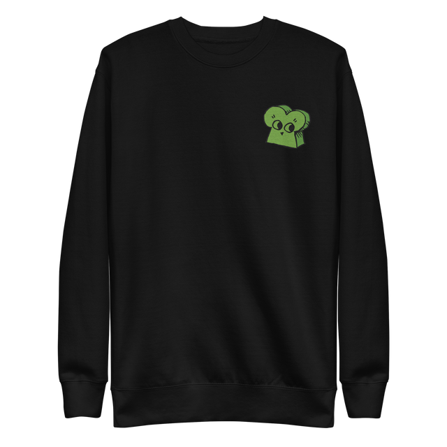 Black crewneck sweatshirt with the Woodland Alliance meeple embroidered on the left chest. 