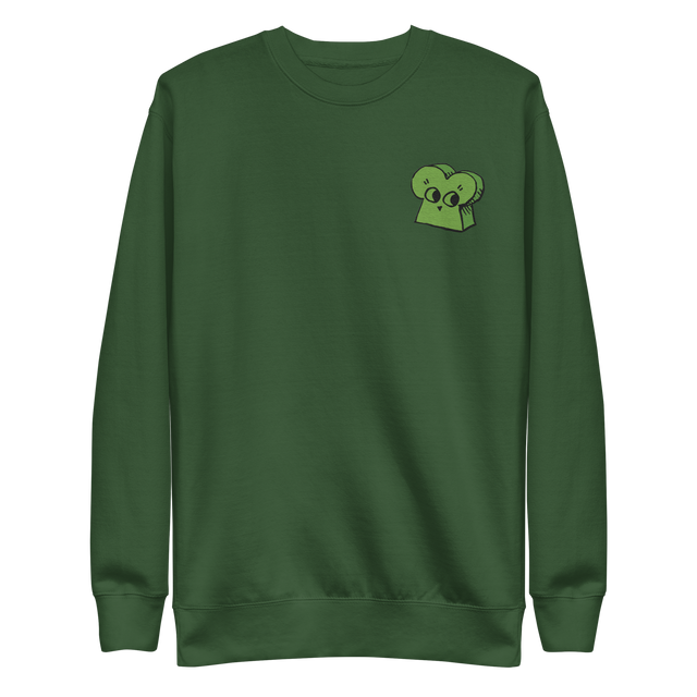 Green crewneck sweatshirt with the Woodland Alliance meeple embroidered on the left chest. 
