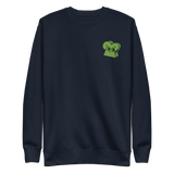 Navy crewneck sweatshirt with the Woodland Alliance meeple embroidered on the left chest. 