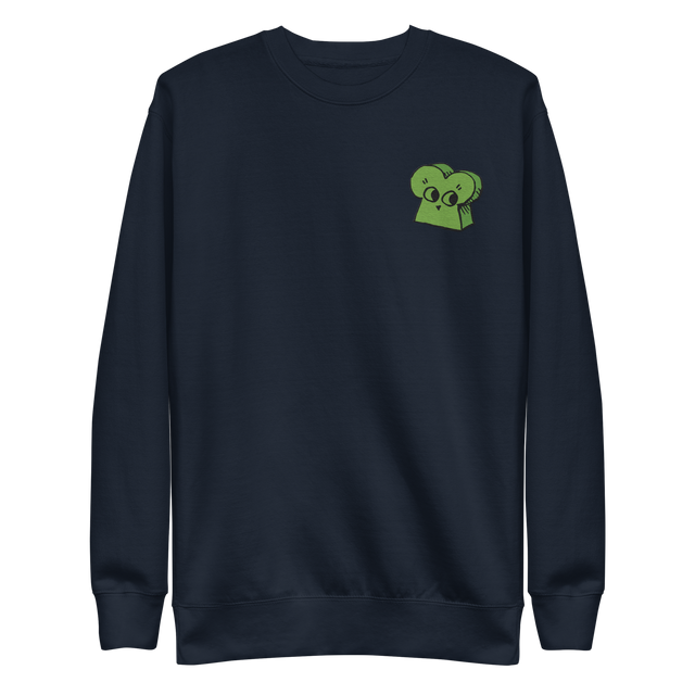 Navy crewneck sweatshirt with the Woodland Alliance meeple embroidered on the left chest. 