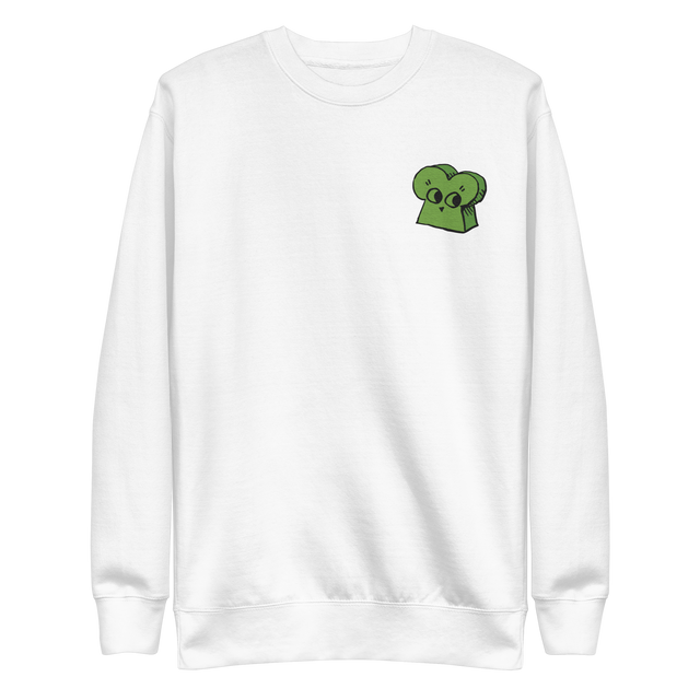 White crewneck sweatshirt with the Woodland Alliance meeple embroidered on the left chest. 