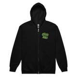 Black zip hoodie with embroidered Woodland Alliance meeple on left chest