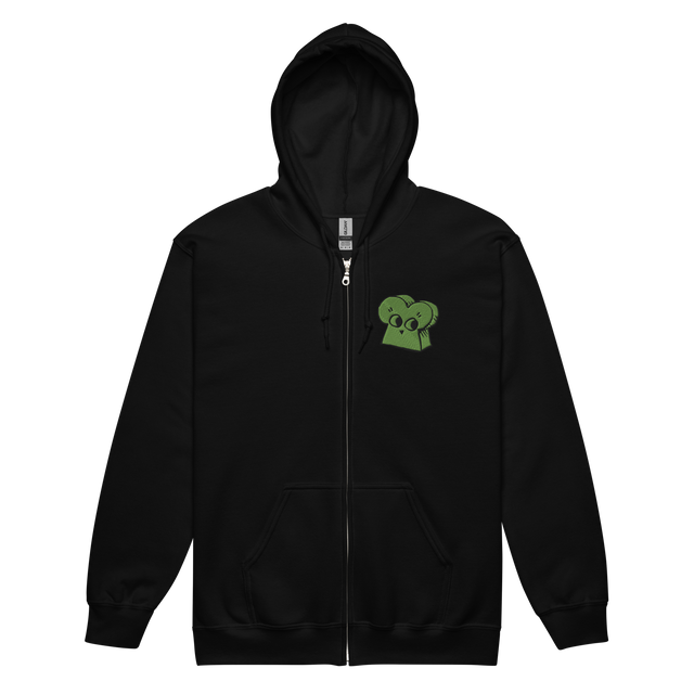 Black zip hoodie with embroidered Woodland Alliance meeple on left chest