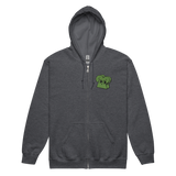 Dark grey zip hoodie with embroidered Woodland Alliance meeple on left chest