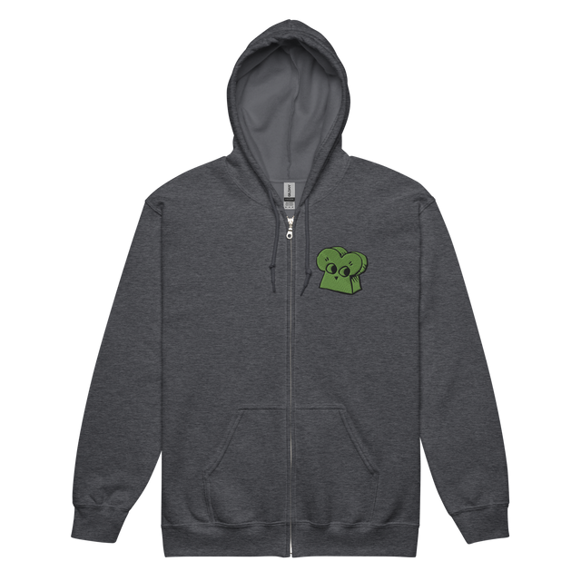 Dark grey zip hoodie with embroidered Woodland Alliance meeple on left chest