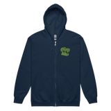 Navy zip hoodie with embroidered Woodland Alliance meeple on left chest