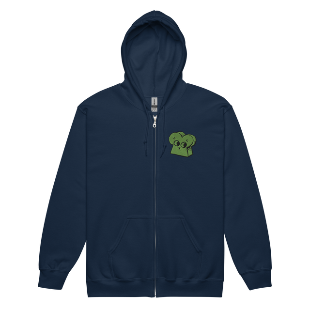 Navy zip hoodie with embroidered Woodland Alliance meeple on left chest