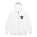 White zip hoodie with embroidered Woodland Alliance meeple on left chest