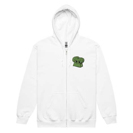 White zip hoodie with embroidered Woodland Alliance meeple on left chest