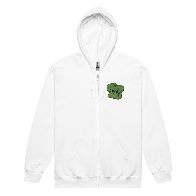 White zip hoodie with embroidered Woodland Alliance meeple on left chest