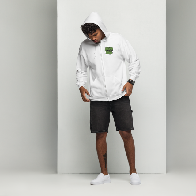 Model wearing White zip hoodie with embroidered Woodland Alliance meeple on left chest
