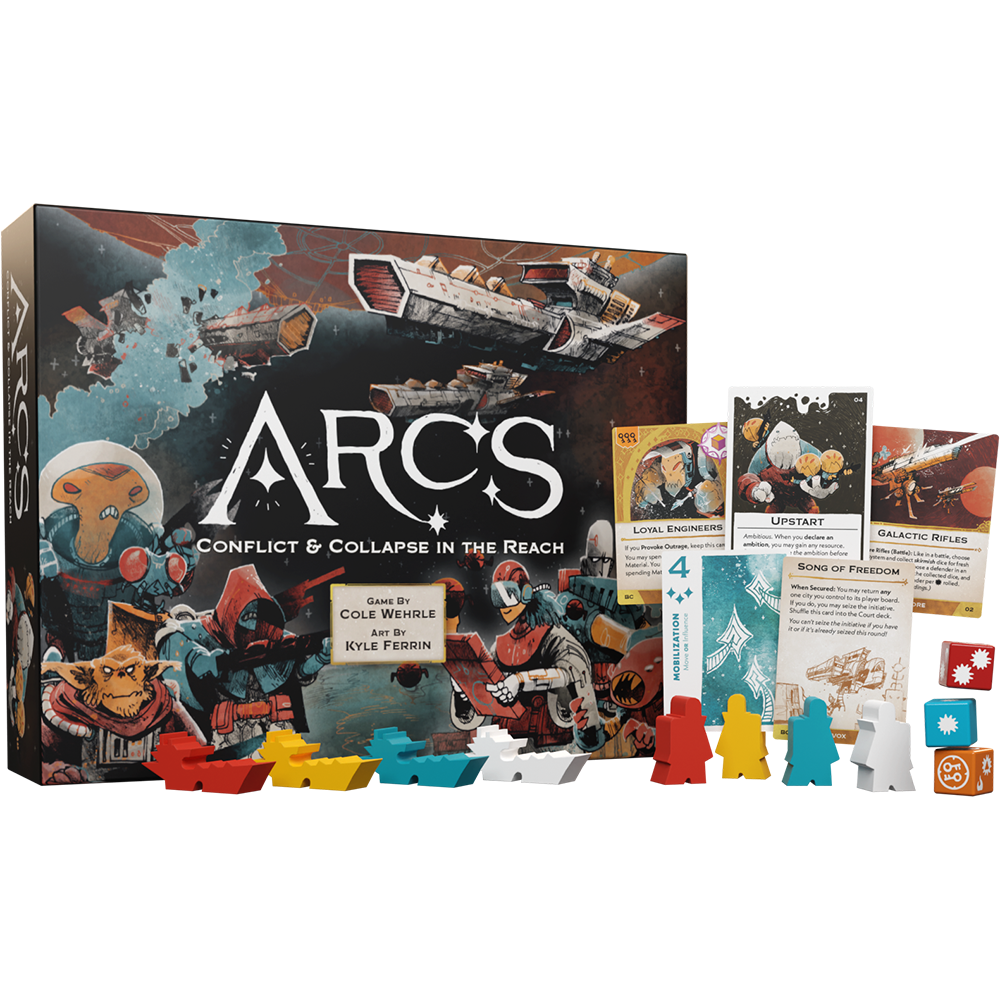 The Arcs game box and a spread of components like cards and meeples