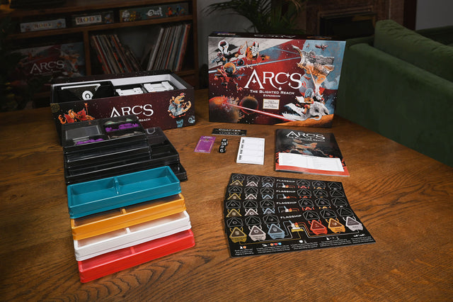 The components and box for Arcs: The Blighted Reach Expansion