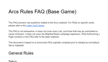 Screen shot of the Arcs rules Frequently Asked Questions document