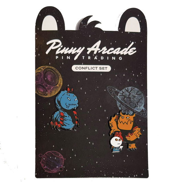 The Pinny Arcade Arcs pin set from 2024 featuring two Arcs characters on a custom backing card