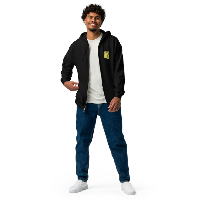 Model wearing Black Zip Hoodie with Lizard Cult Meeple embroidered on left chest