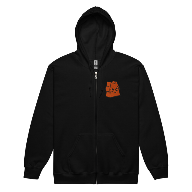 Black zip hoodie with Marquise Meeple embroidered on left chest