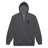 Dark grey Zip hoodie with embroidered corvid conspiracy meeple on left chest