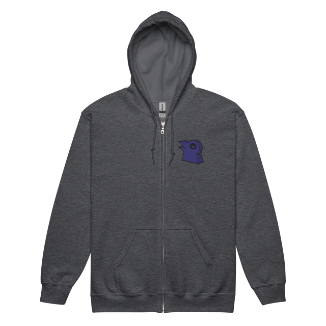 Dark grey Zip hoodie with embroidered corvid conspiracy meeple on left chest