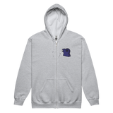 light grey zip hoodie with embroidered corvid conspiracy meeple on left chest