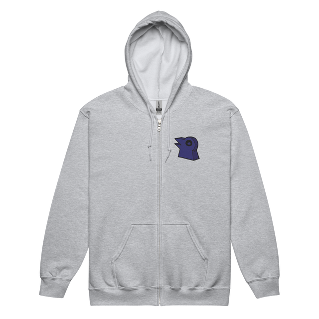 light grey zip hoodie with embroidered corvid conspiracy meeple on left chest