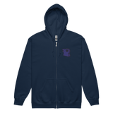 Navy zip hoodie with embroidered corvid conspiracy meeple on left chest