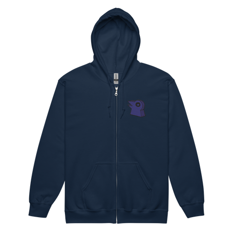 Navy zip hoodie with embroidered corvid conspiracy meeple on left chest
